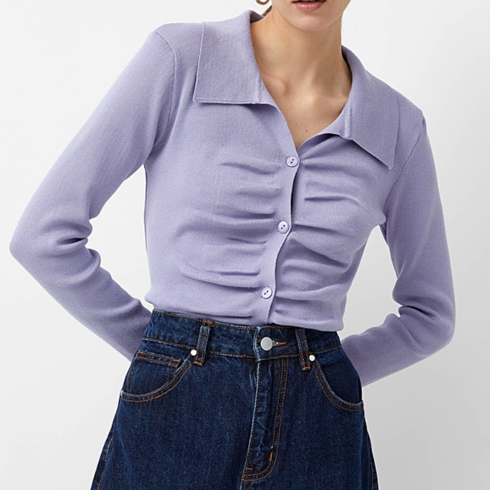 Minimalist lilac front ruches polo long sleeve cardigan NWT